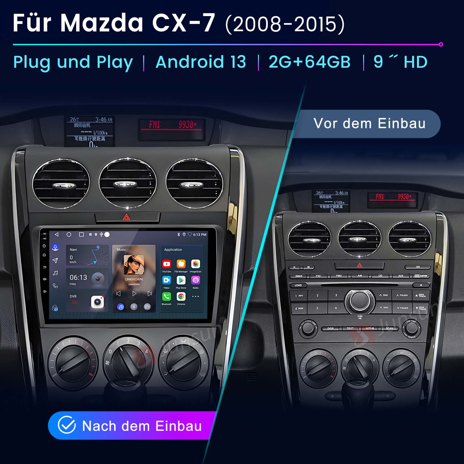 Deska rozdzielcza samochodu z zainstalowanym nowym ekranem Android, widoki przed i po.