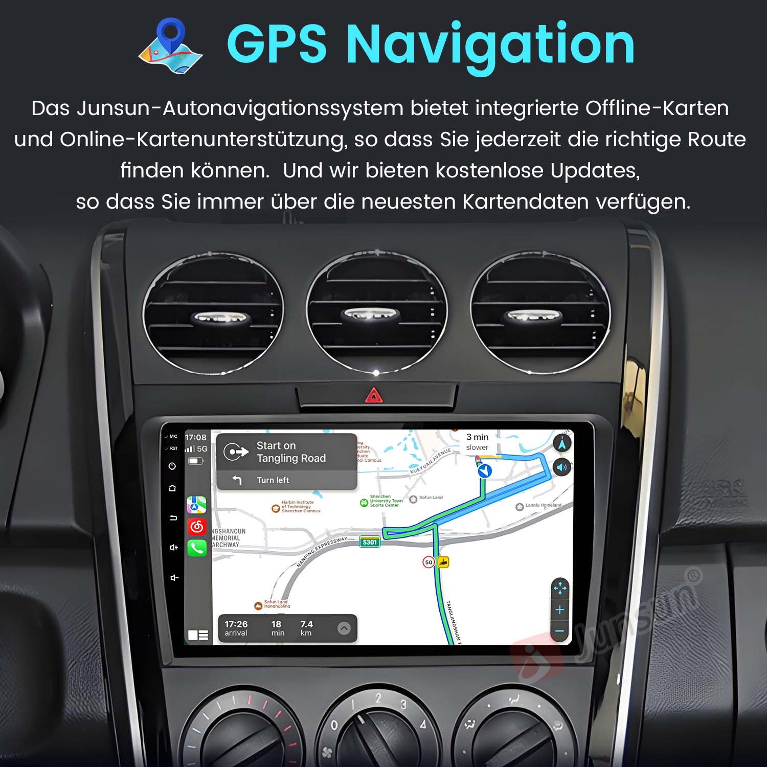 Deska rozdzielcza samochodu z ekranem nawigacji pokazującym mapę. Tekst u góry: GPS Navigation.