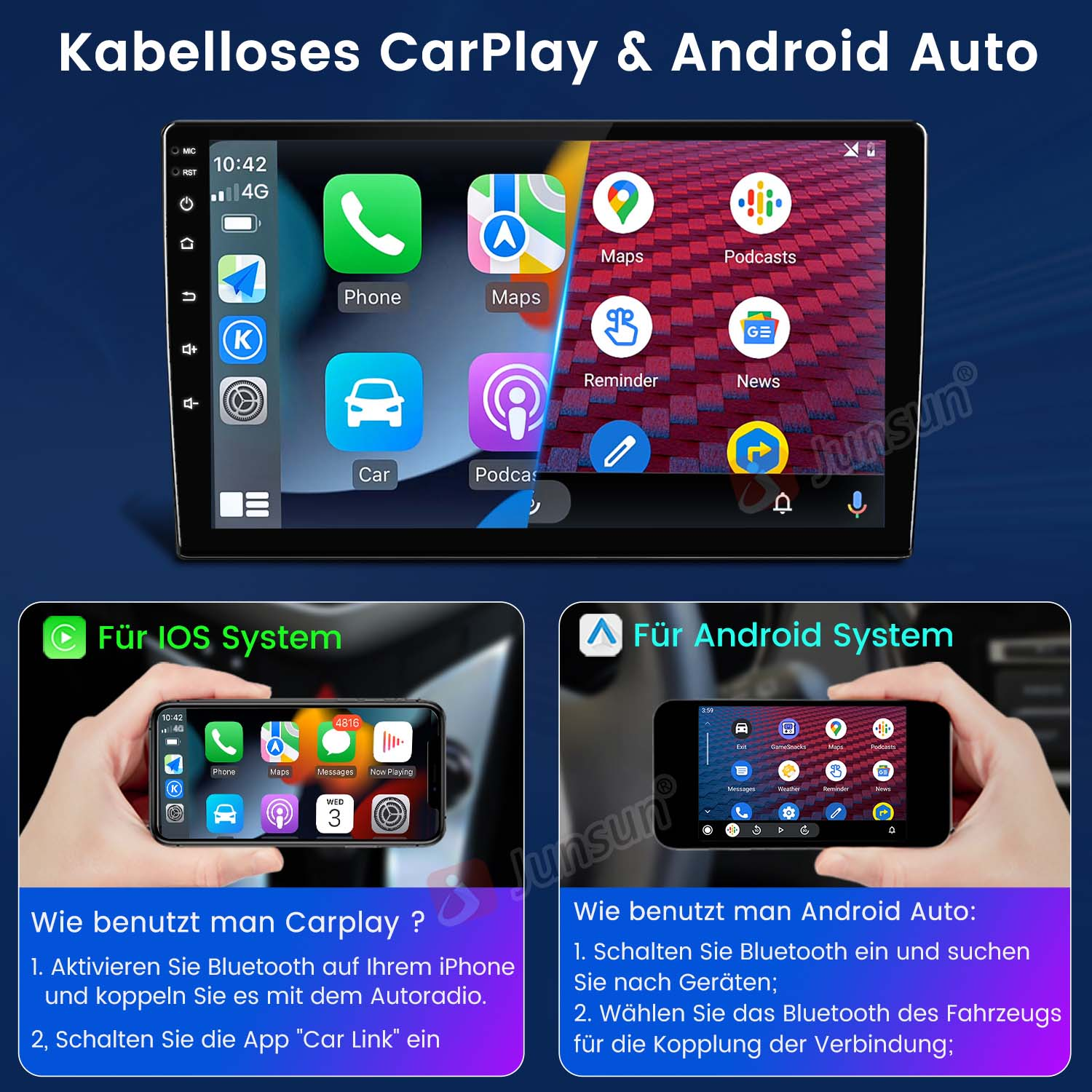 Radio samochodowe z ekranem pokazującym interfejs. Dwa mniejsze ekrany pokazują instrukcje konfiguracji CarPlay dla iOS i Androida.