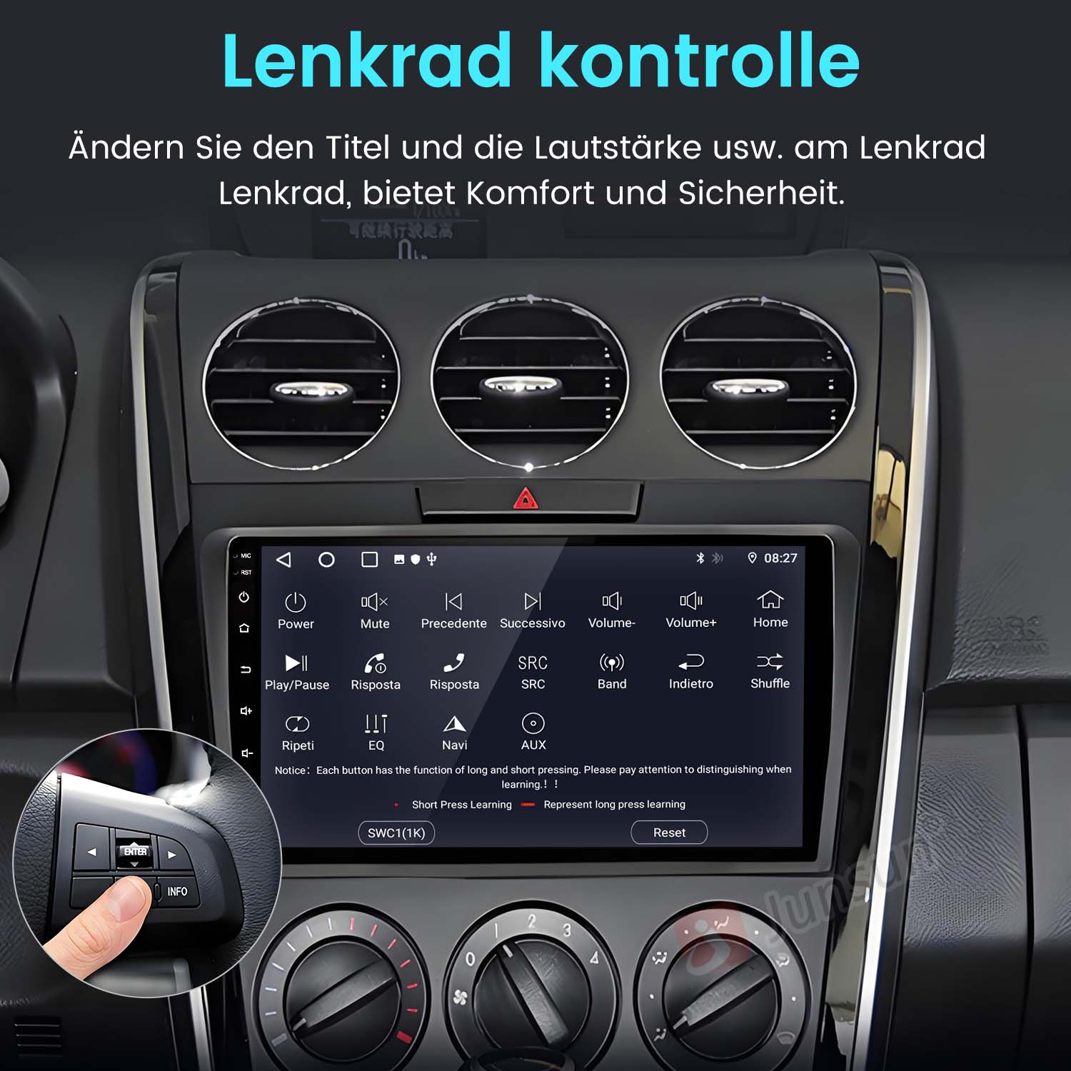 Samochodowy system stereo z elementami sterującymi. Ekran wyświetla różne ustawienia i funkcje.