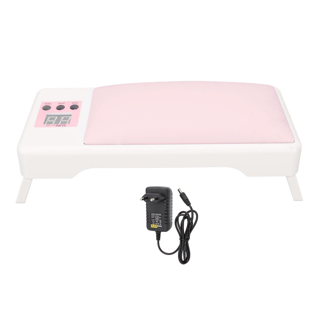 Weiße Nagellampe mit rosa Ablage, Digitalanzeige und Netzteil.