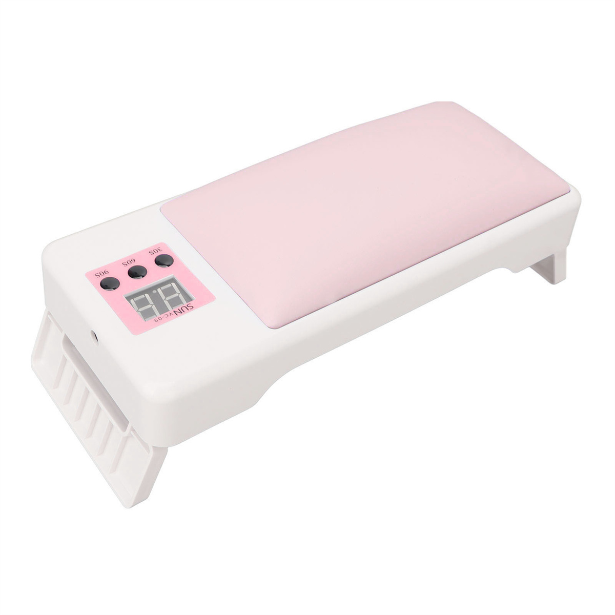 Weiße Nagellampe mit rosa Kissen. Ein digitales Display zeigt die Zeit: 99 Sekunden.