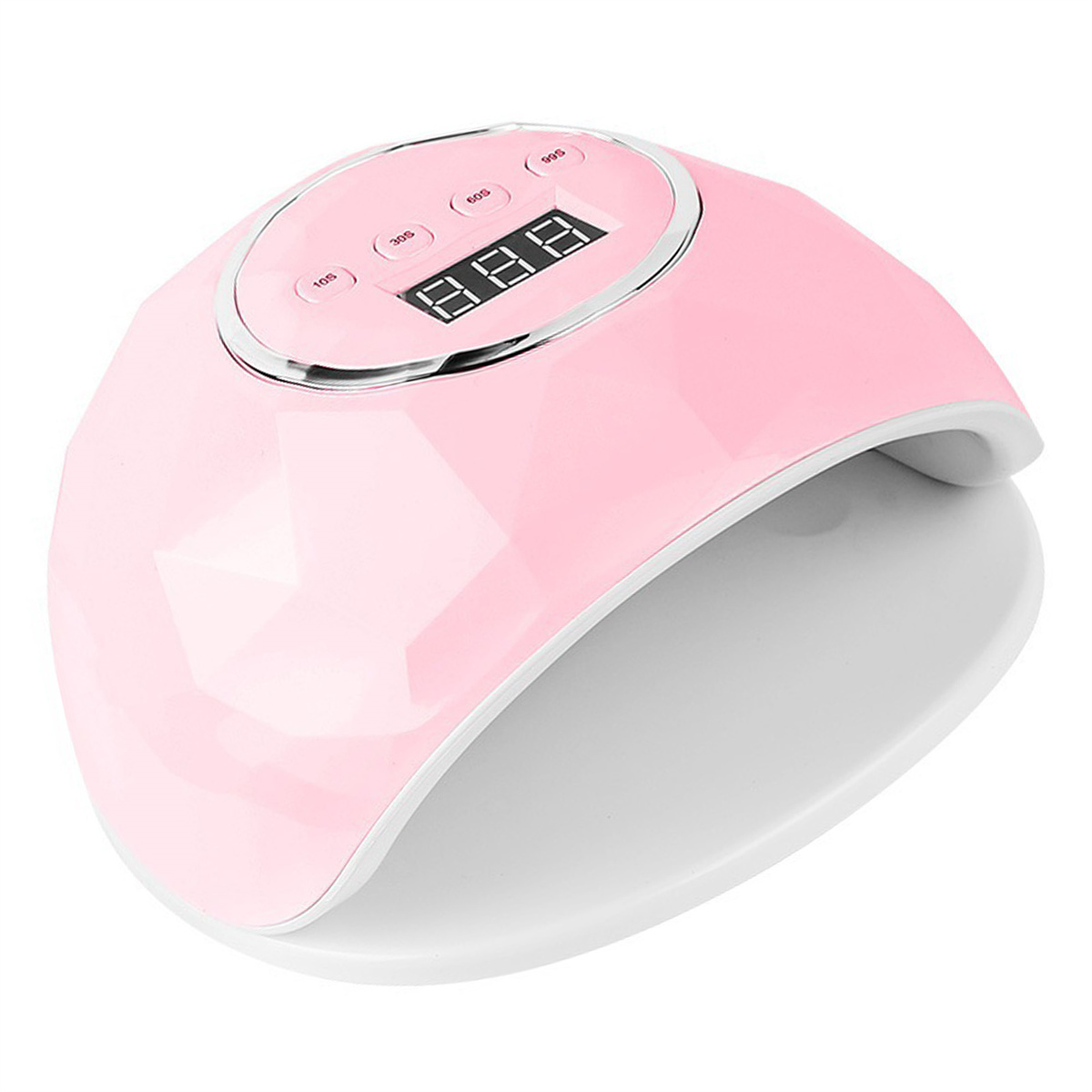 Rosa, ovalförmiger Nageltrockner mit Digitalanzeige. Er steht auf einer weißen Oberfläche.