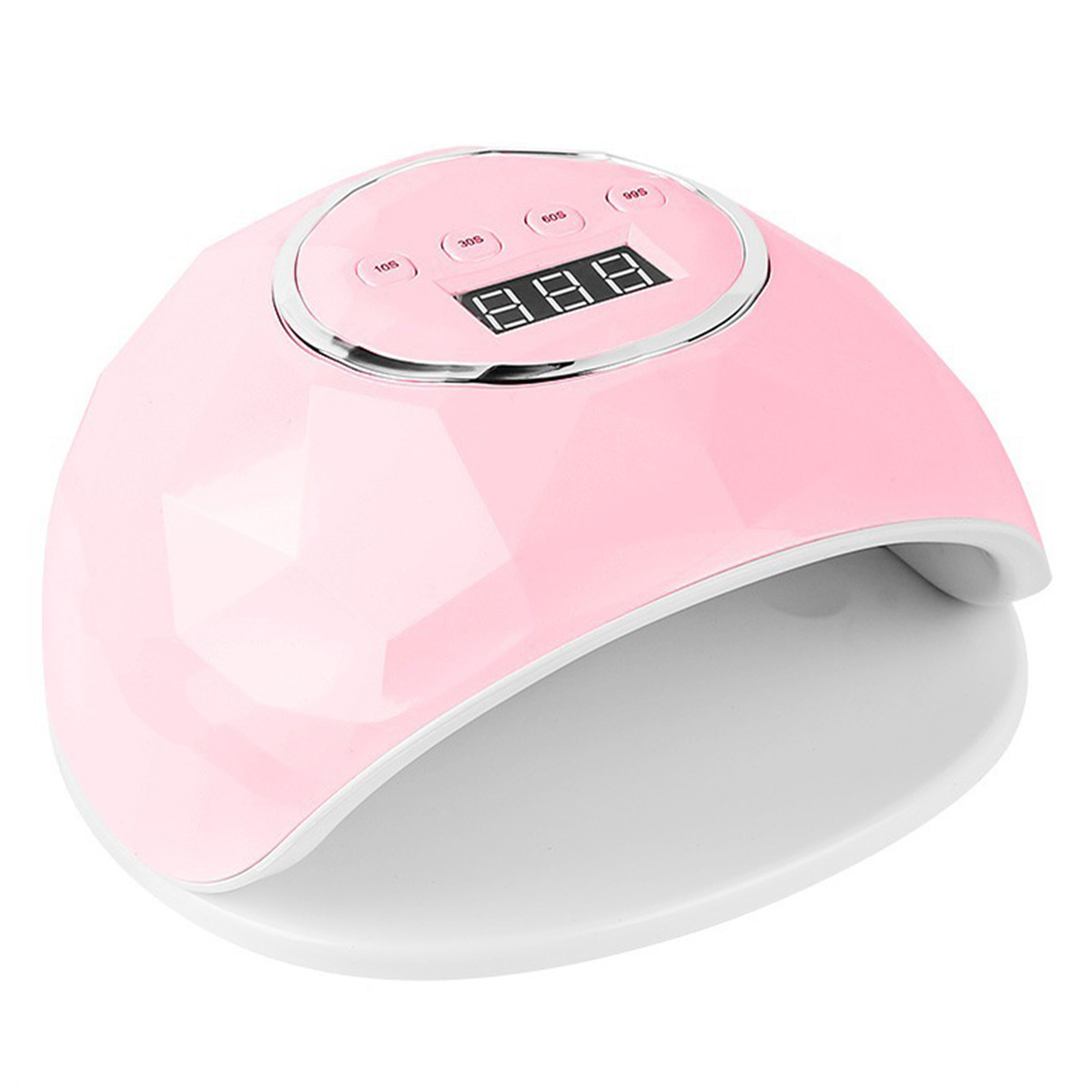 Rosa Nagellampe, mit digitaler Anzeige, weißem Innenraum und ovalem Design.
