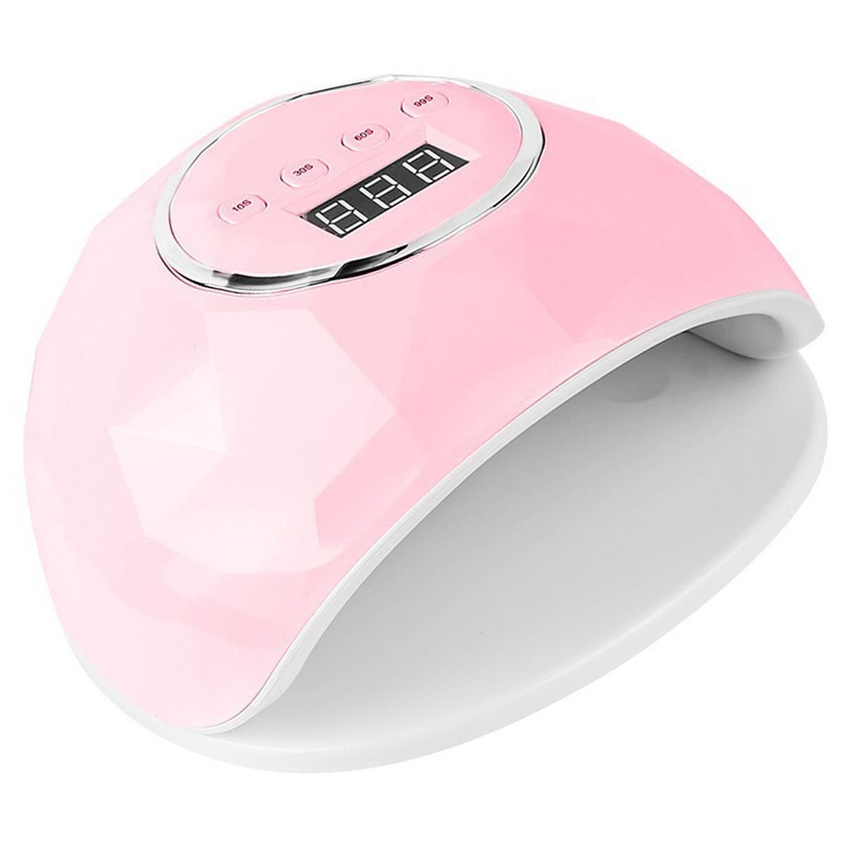 Rosa Nagellampe mit digitaler Anzeige und Knöpfen. Sie befindet sich auf einer weißen Oberfläche.