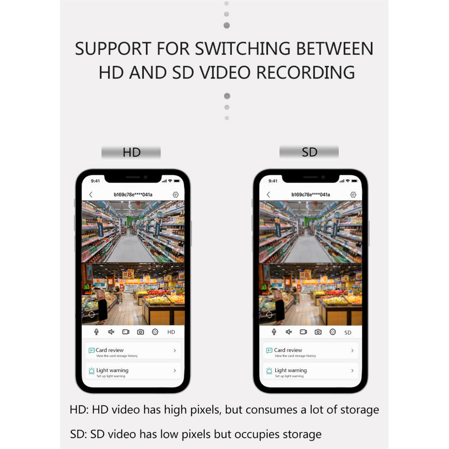 Zwei Smartphones zeigen eine Supermarktanzeige mit HD- und SD-Videooptionen.