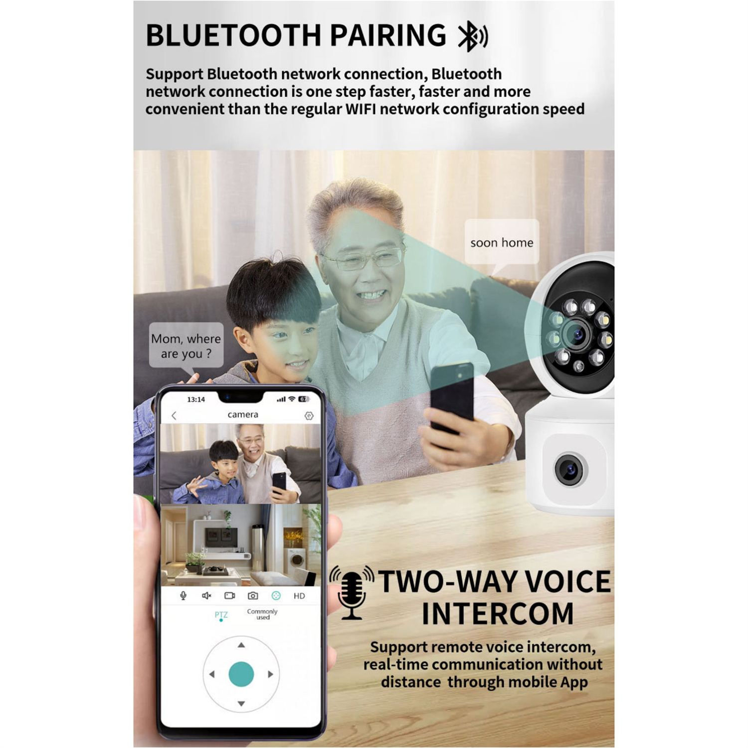 Eine Person hält ein Telefon mit einer Kamera-App, die einen Live-Videofeed zeigt, und eine Überwachungskamera.