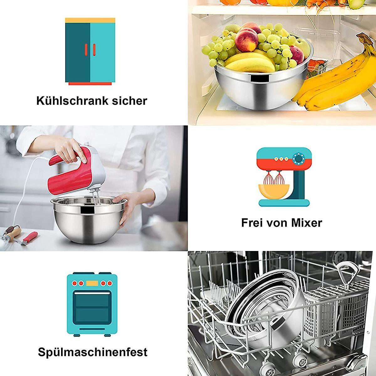 Bild zeigt Küchenutensilien. Ein Kühlschrank, eine Schüssel mit Früchten, ein Mixer, ein Ofen und eine Spülmaschine.
