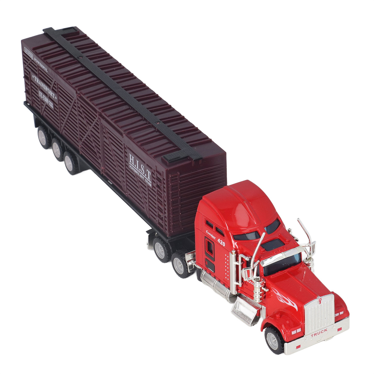 Roter Spielzeug-LKW mit einem weinroten Anhänger. Der LKW hat das Wort 'Truck' drauf.