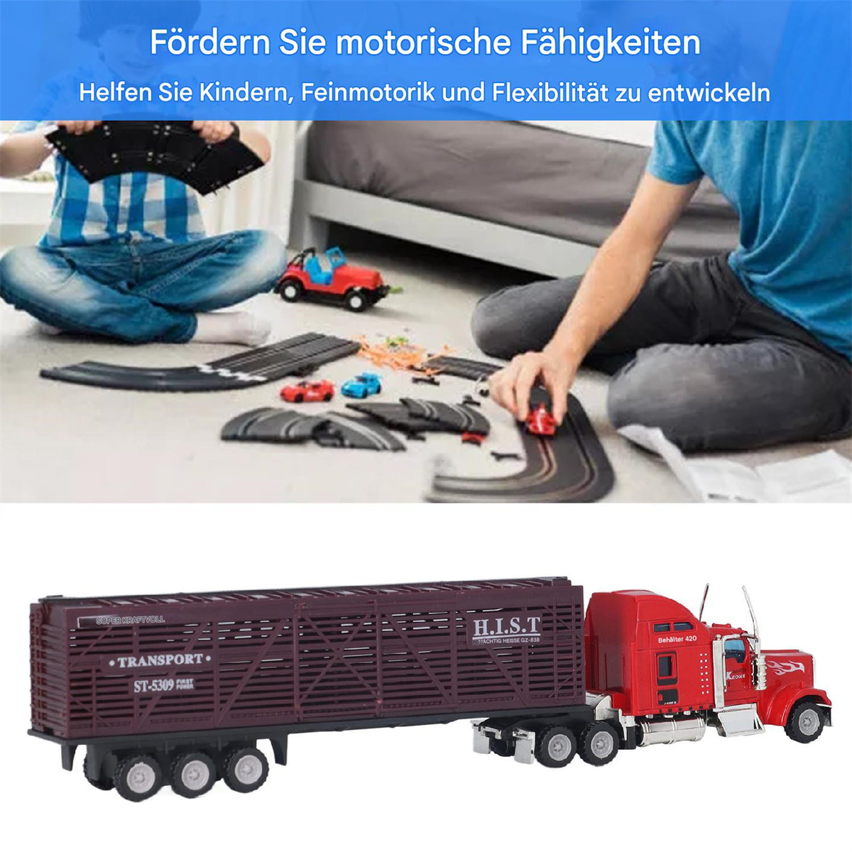 Ein Spielzeug-LKW mit Anhänger und roten Autos auf einer Rennstrecke, darunter ein großer roter LKW.
