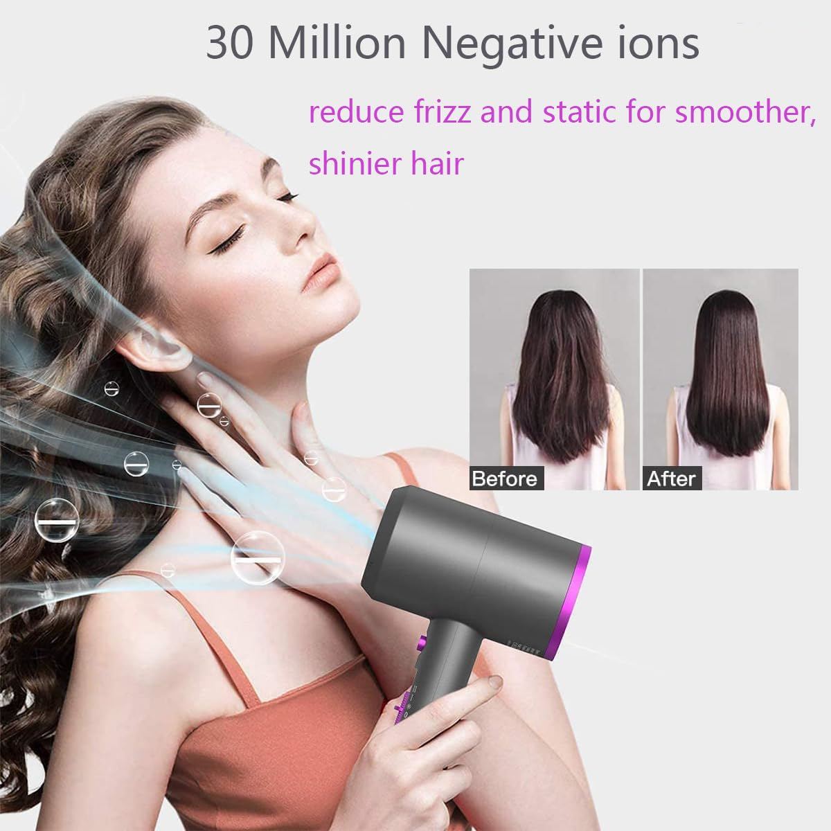 Frau mit Föhn. Zeigt Haare vor und nach dem Trocknen. Text: 30 Millionen negative Ionen.