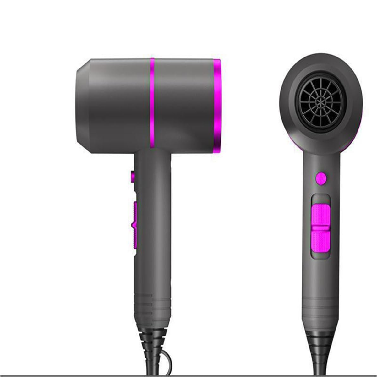 Zwei Haartrockner, eine Seitenansicht und eine Vorderansicht. Dunkelgrau mit rosa Akzenten.