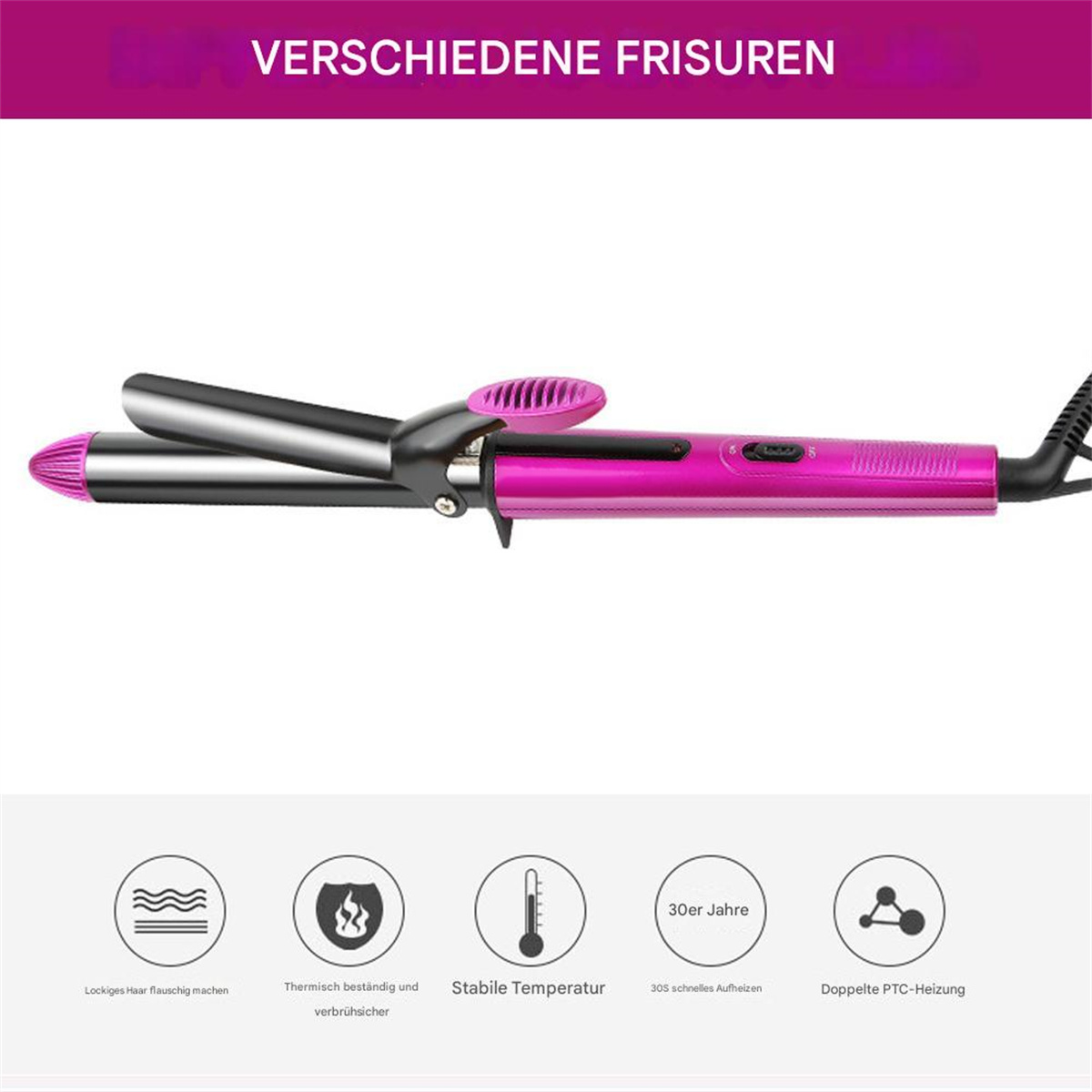 Ein pinkfarbenes Lockenstab mit schwarzem Griff und verschiedenen Symbolen zu Haarstyling und Temperatur.
