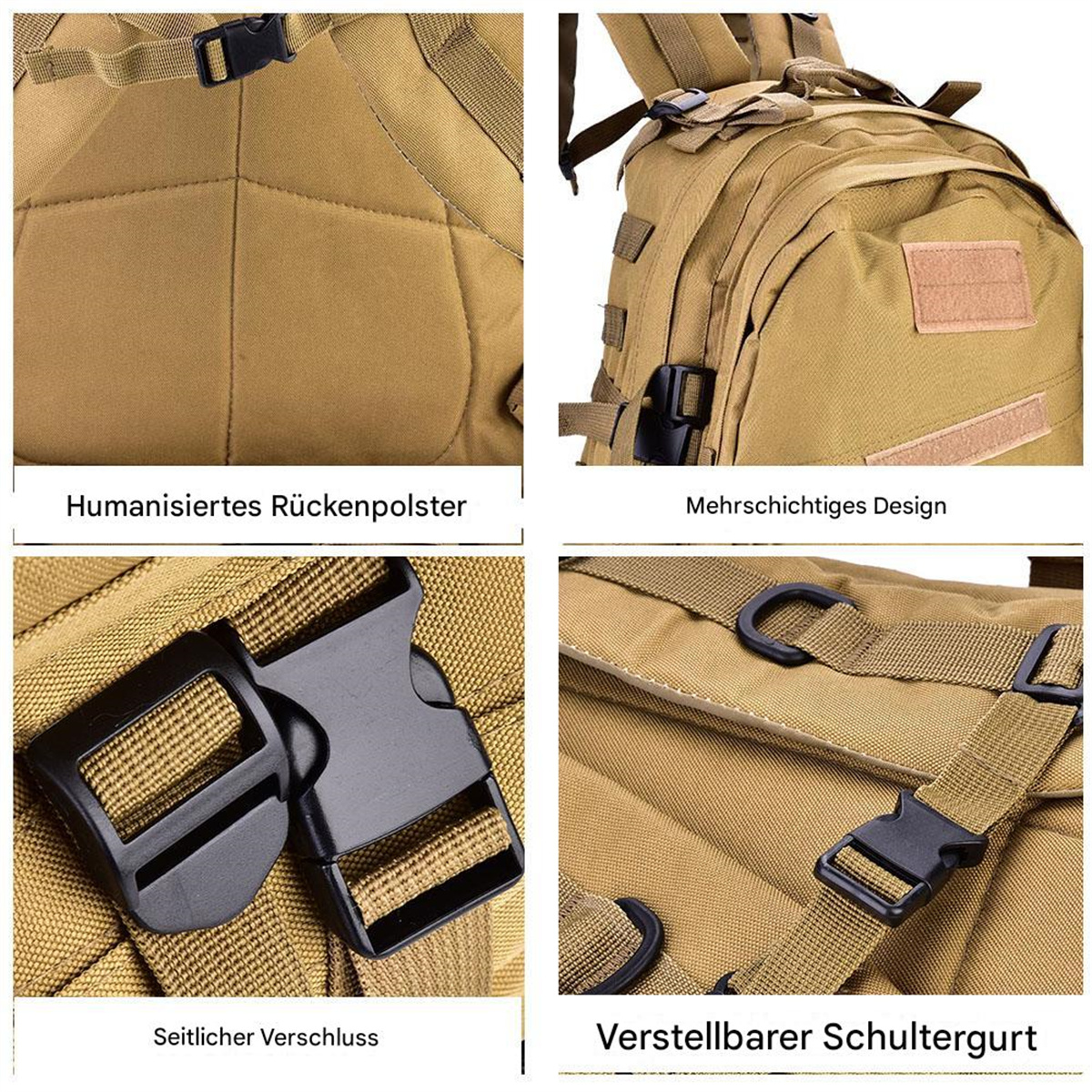 Nahaufnahmen von Details eines beigefarbenen taktischen Rucksacks, einschließlich Schnallen, Gurten und Rückenpolsterung.