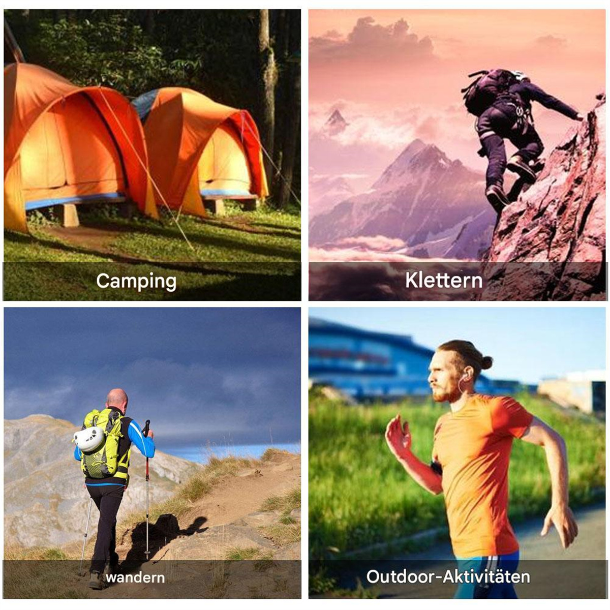 Bild zeigt Outdoor-Aktivitäten: Camping, Klettern, Wandern und Laufen.