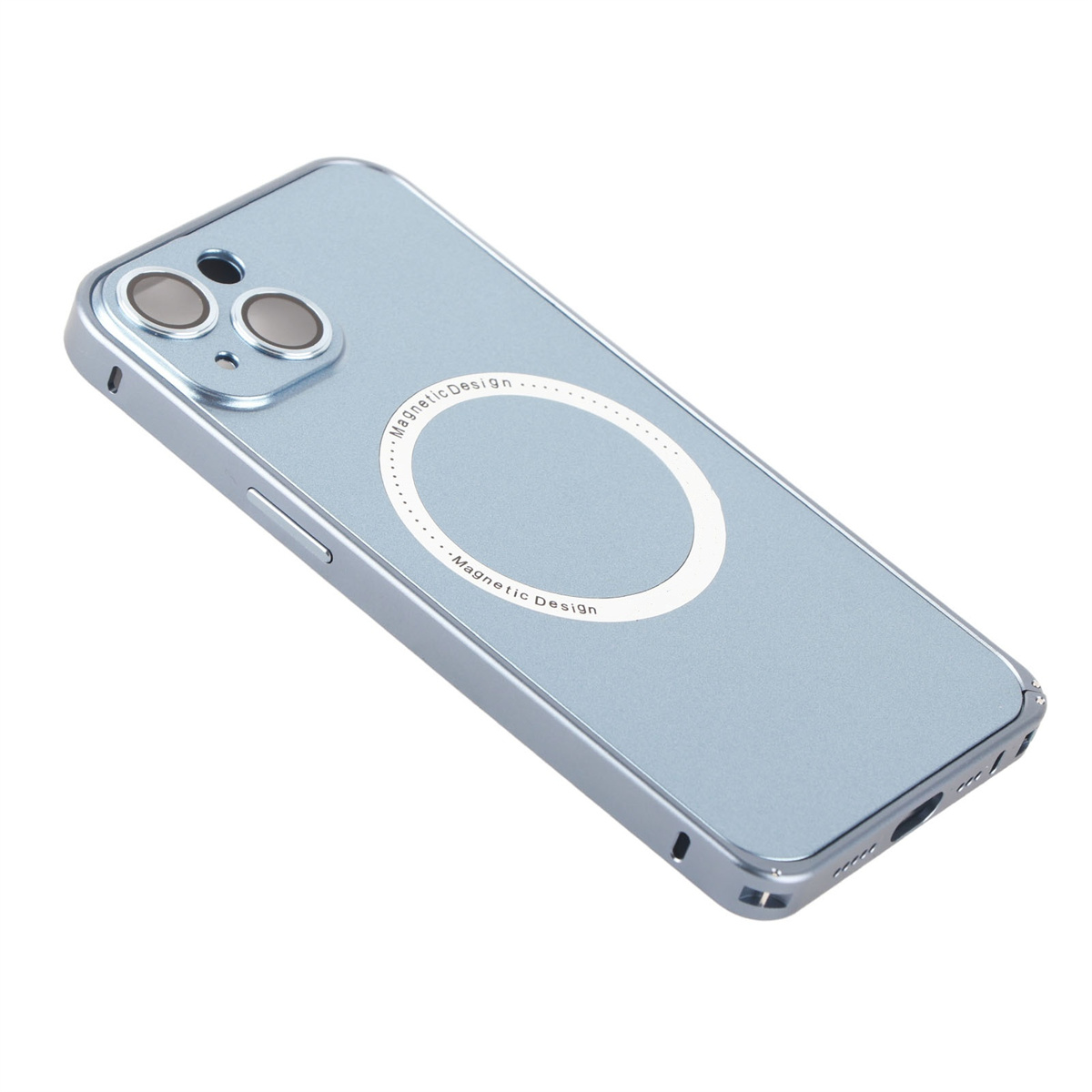 Eine blaue Handyhülle mit einem weißen kreisförmigen magnetischen Design.