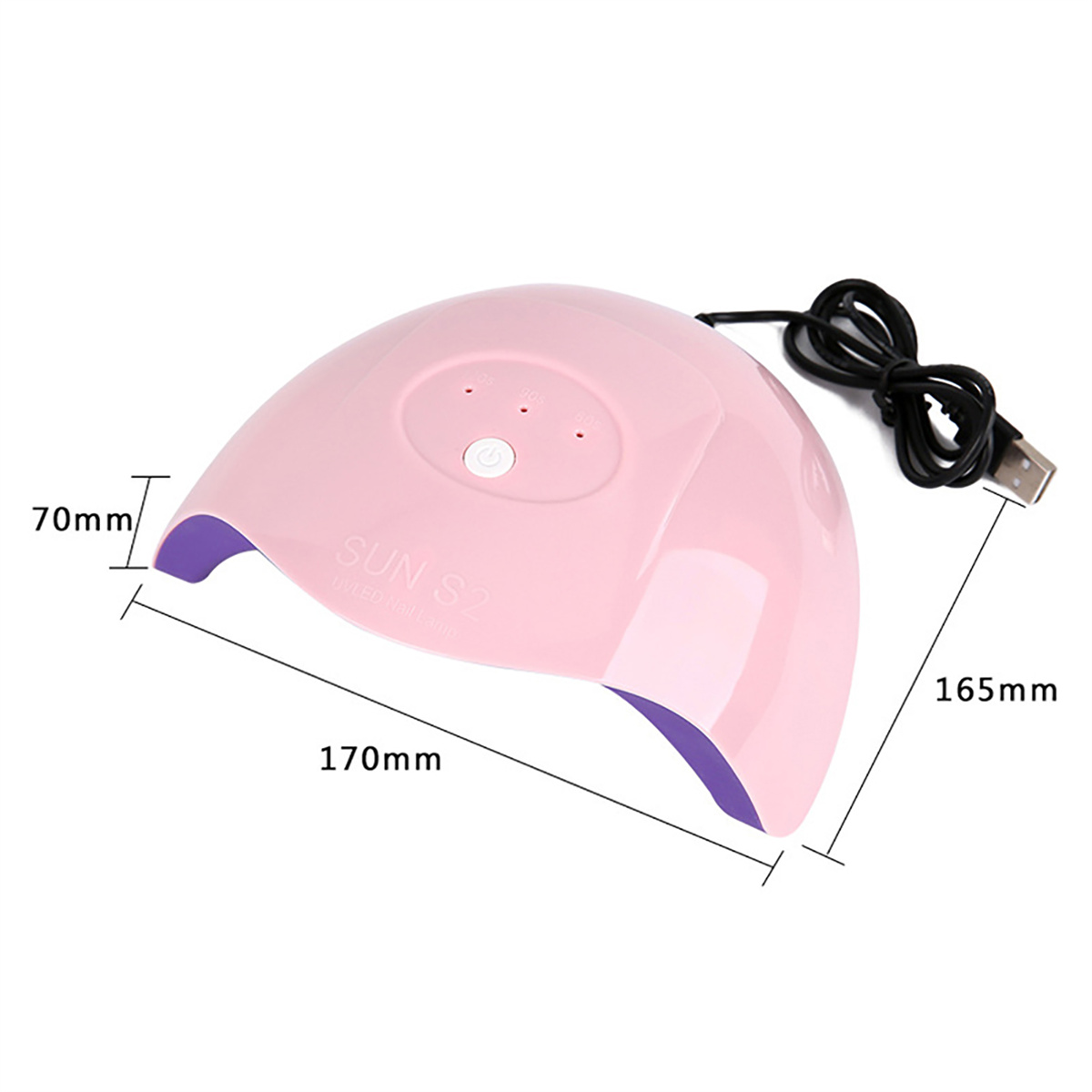 Rosa Nagellampe mit Abmessungen von 170mm x 165mm x 70mm und USB-Kabel.
