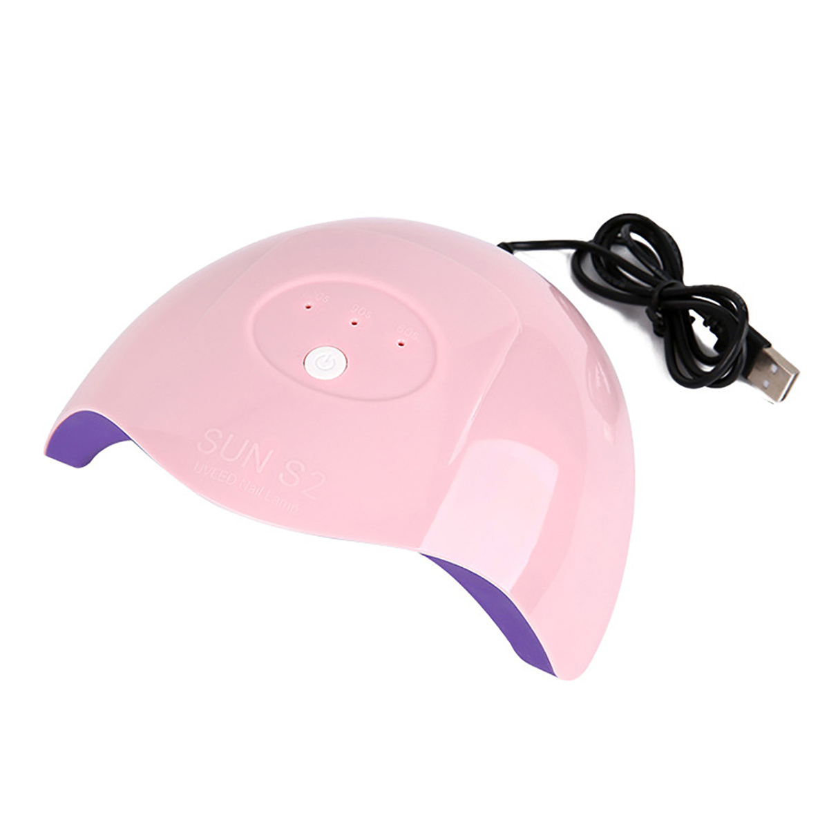 Rosa UV-Nagellampe mit USB-Kabel. Sie hat drei Knöpfe oben und die Marke ist SUN S2.