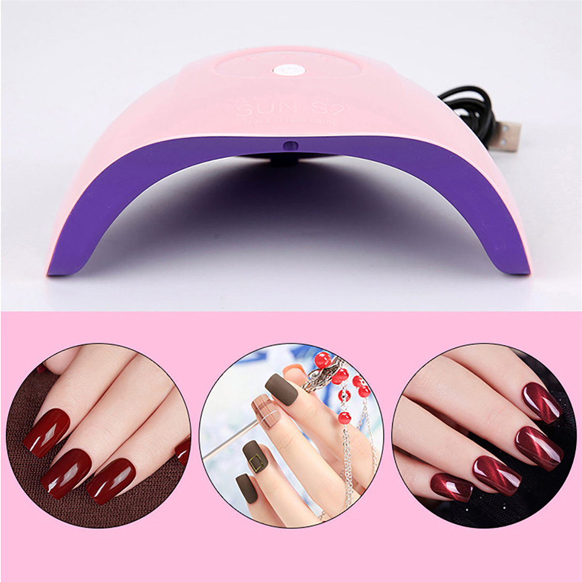Eine rosa-lila Nagellampe mit drei Sets manikürter Nägel im unteren Bereich.