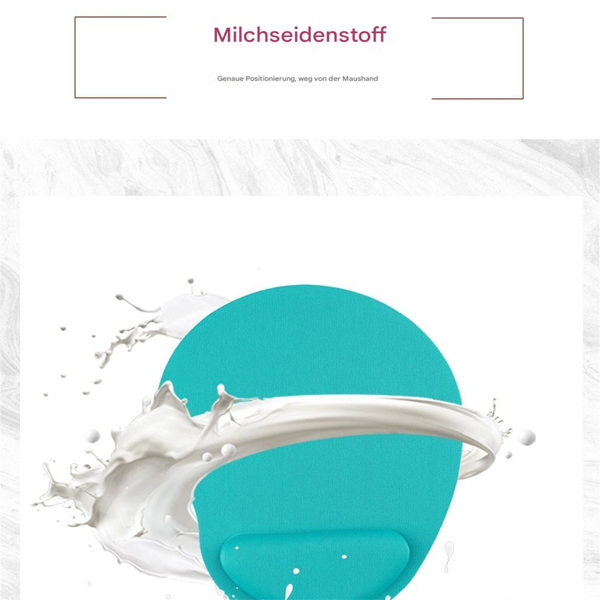 Mauspad mit blauem Kreis und weißen Spritzern, mit Text auf Deutsch.