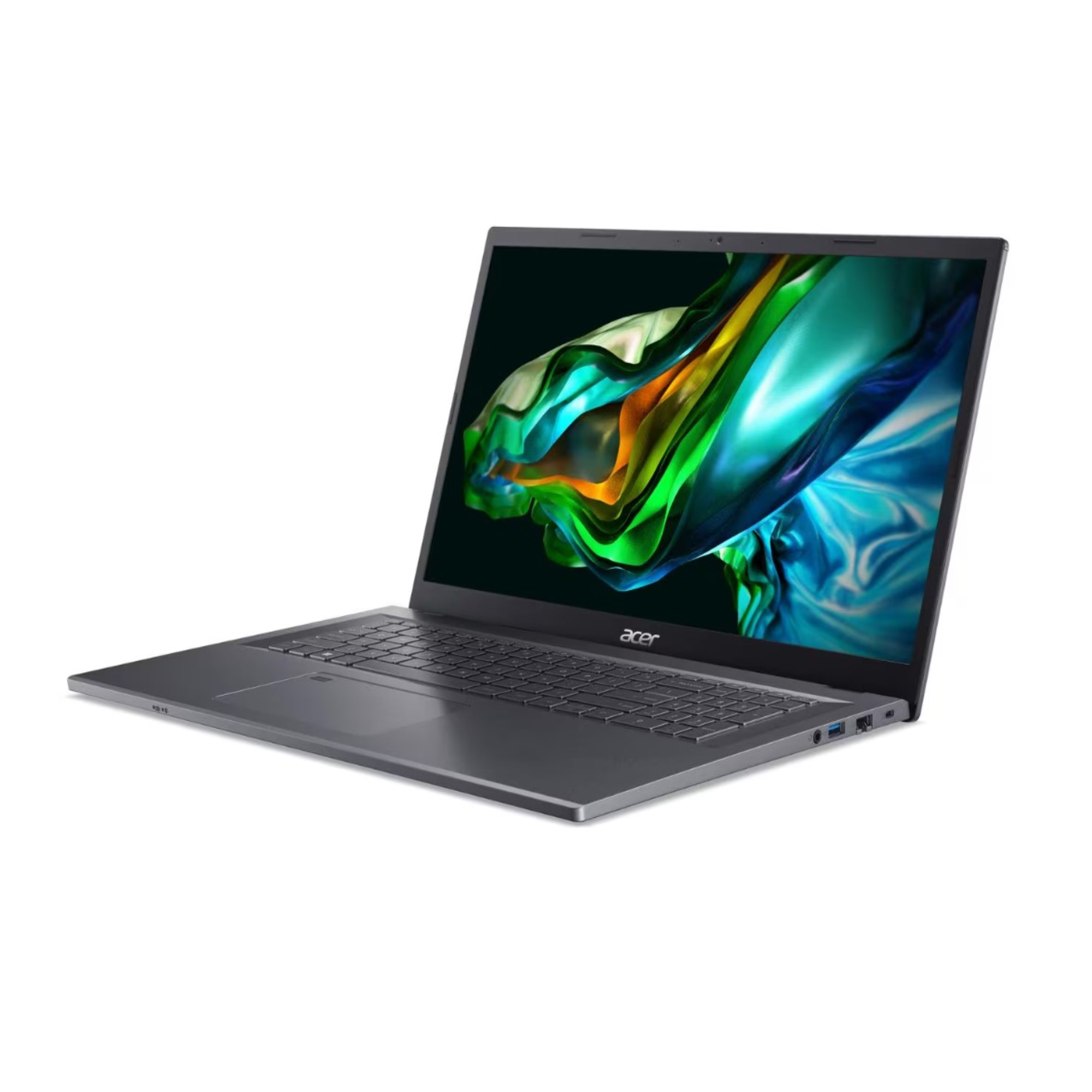Ein grauer Laptop, der auf einer weißen Oberfläche geöffnet ist.