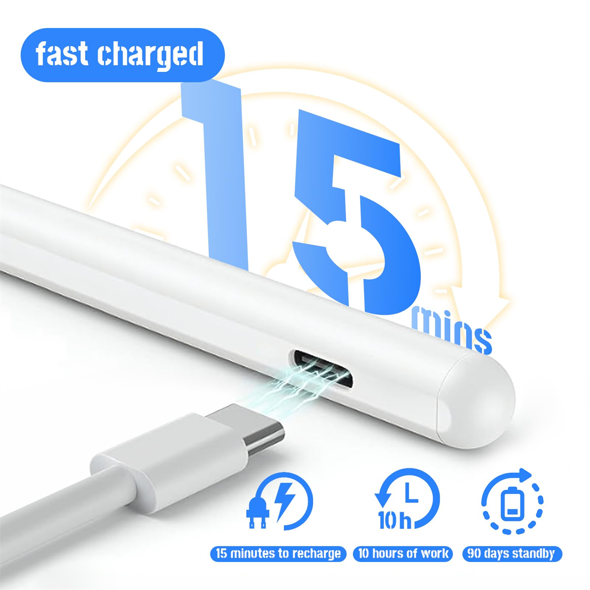 Weißer Eingabestift mit USB-C-Anschluss. Text: 15 Minuten laden für 10 Stunden Arbeit und 90 Tage Standby.