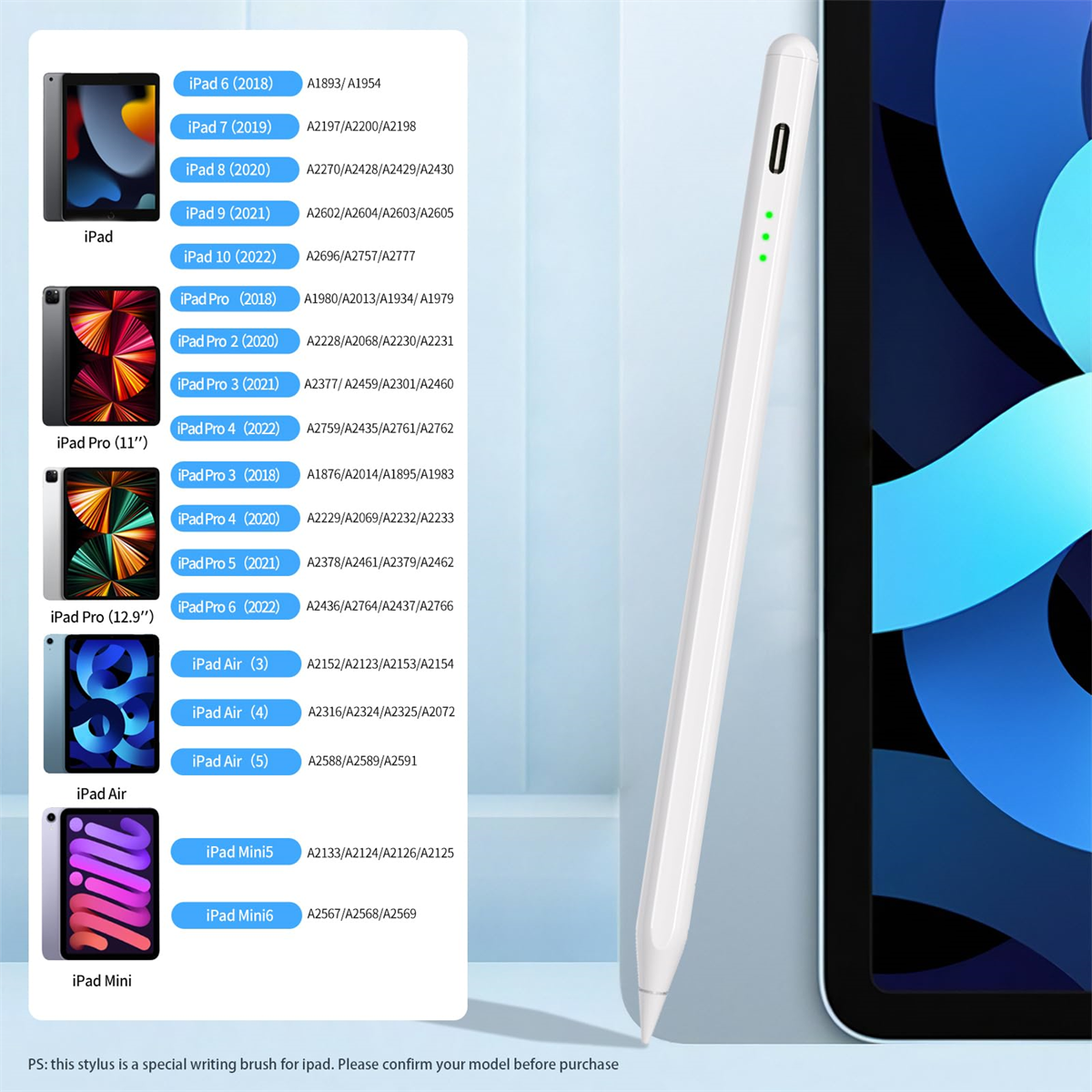 Stylus und iPad-Modelle auf weißem Hintergrund, mit einer Liste kompatibler Geräte.