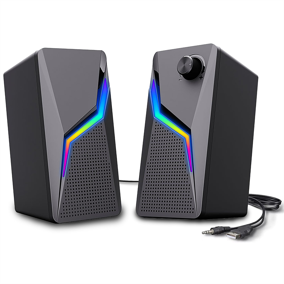 Zwei schwarze Computerlautsprecher mit RGB-Beleuchtung. Der Hintergrund ist weiß.