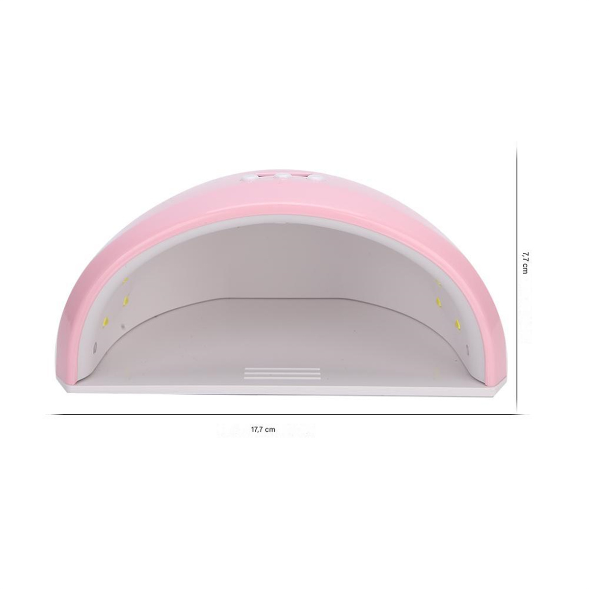 Rosa UV-Nagellampe, weißer Sockel, Abmessungen sind 17,7 cm x 7,7 cm.
