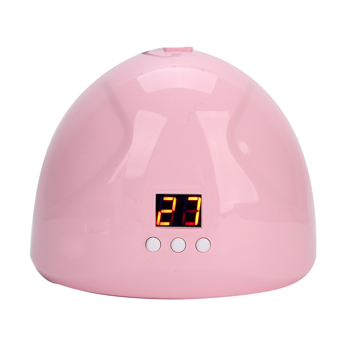 Eine rosa Nagellampe mit Digitalanzeige, die 23 anzeigt. Unten befinden sich drei Knöpfe.
