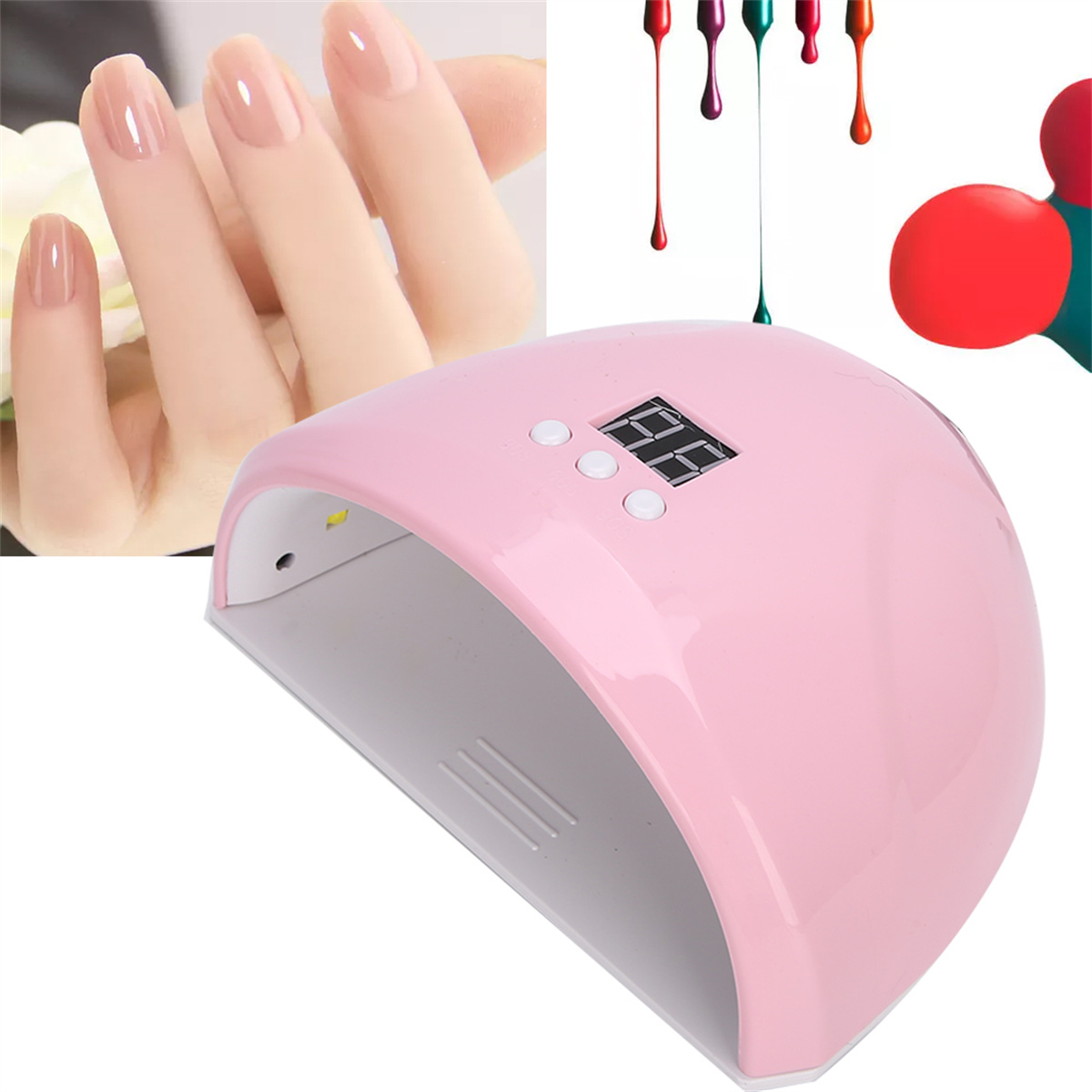 Ein rosa Nageltrockner mit einer Hand, die lackierte Nägel und Nagellacktropfen zeigt.