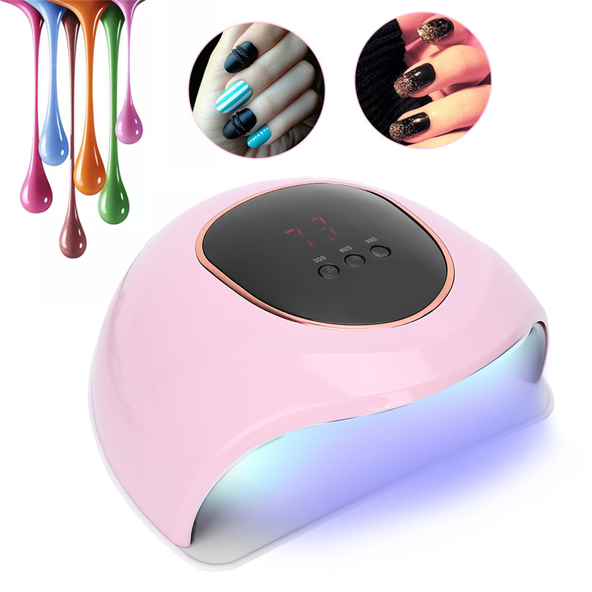 Rosa UV-Nagellampe mit Digitalanzeige, Nagellacktropfen und Beispielen für Maniküren.
