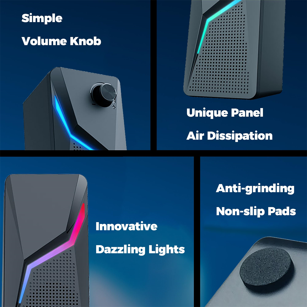 Vier Bilder eines schwarzen Geräts. Es hat einen Lautstärkeregler, ein einzigartiges Panel, innovative Lichter und rutschfeste Pads.