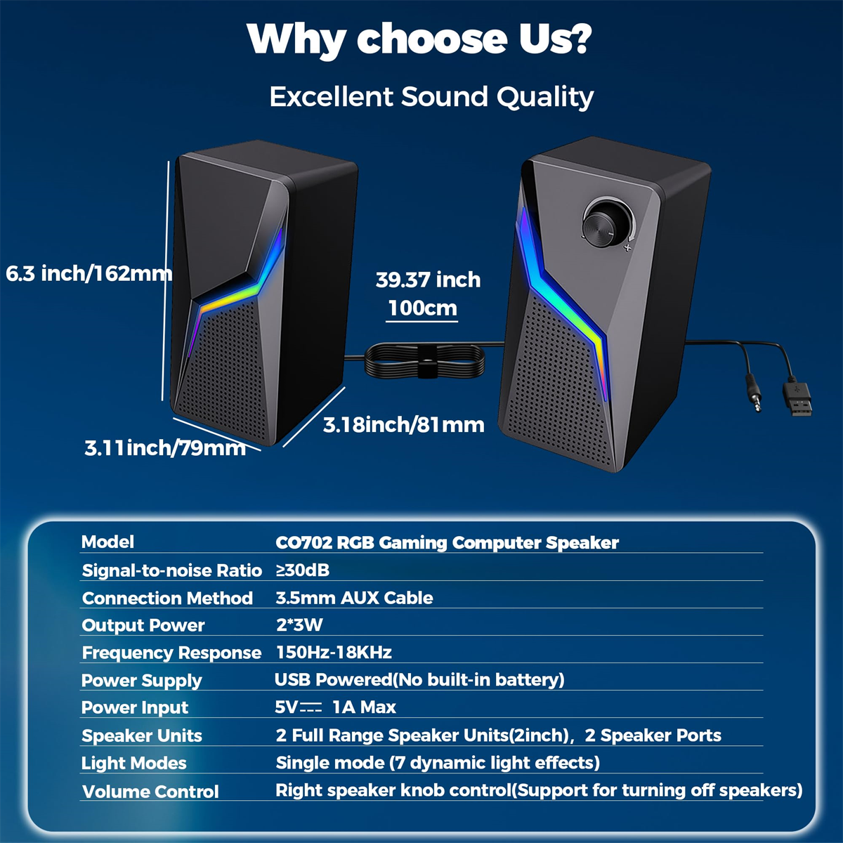 Zwei schwarze Computerlautsprecher mit RGB-Beleuchtung. Angezeigte Spezifikationen, einschließlich Modell, Leistung und Frequenz.