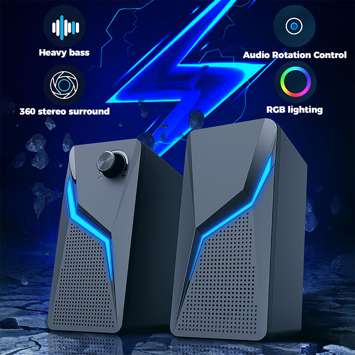 Zwei schwarze Lautsprecher mit blauen LED-Leuchten. Text: Tiefer Bass, 360-Stereo, Audio-Rotation, RGB-Beleuchtung.