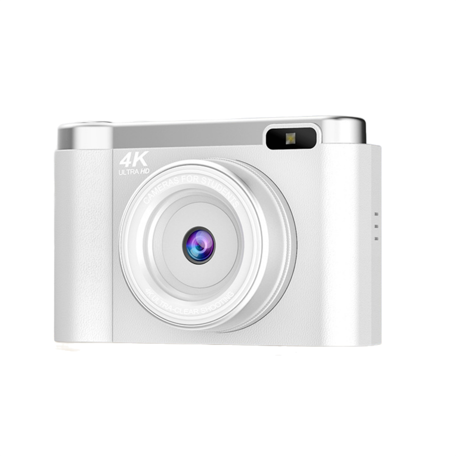 Eine weiße Digitalkamera mit großem Objektiv und den Worten '4K' und 'Cameras for Students'.