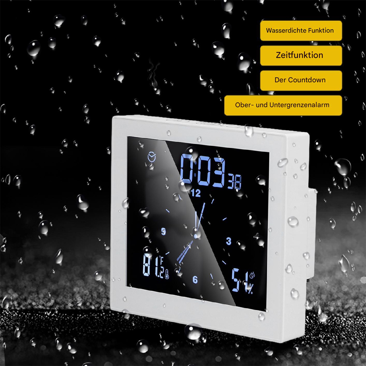 Digitaluhr mit weißem Rahmen und schwarzem Hintergrund. Funktionen: wasserdicht, Zeit, Countdown und Alarme.