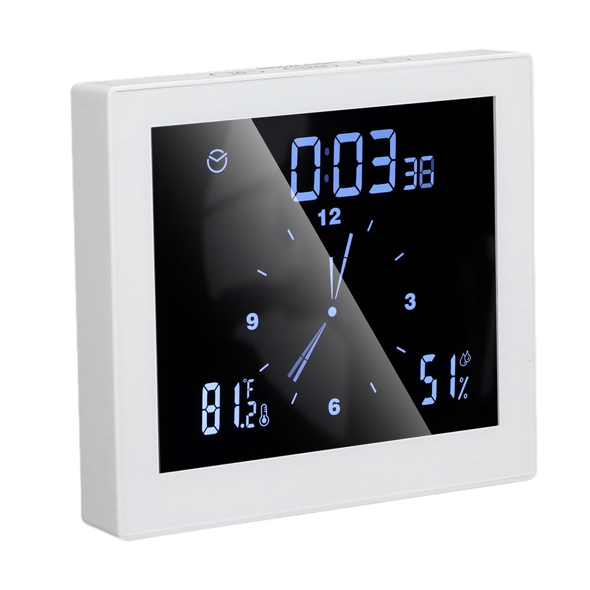 Eine weiße Digitaluhr, die Zeit, Temperatur und Luftfeuchtigkeit anzeigt. Die Uhr hat einen schwarzen Bildschirm mit blauen Ziffern.