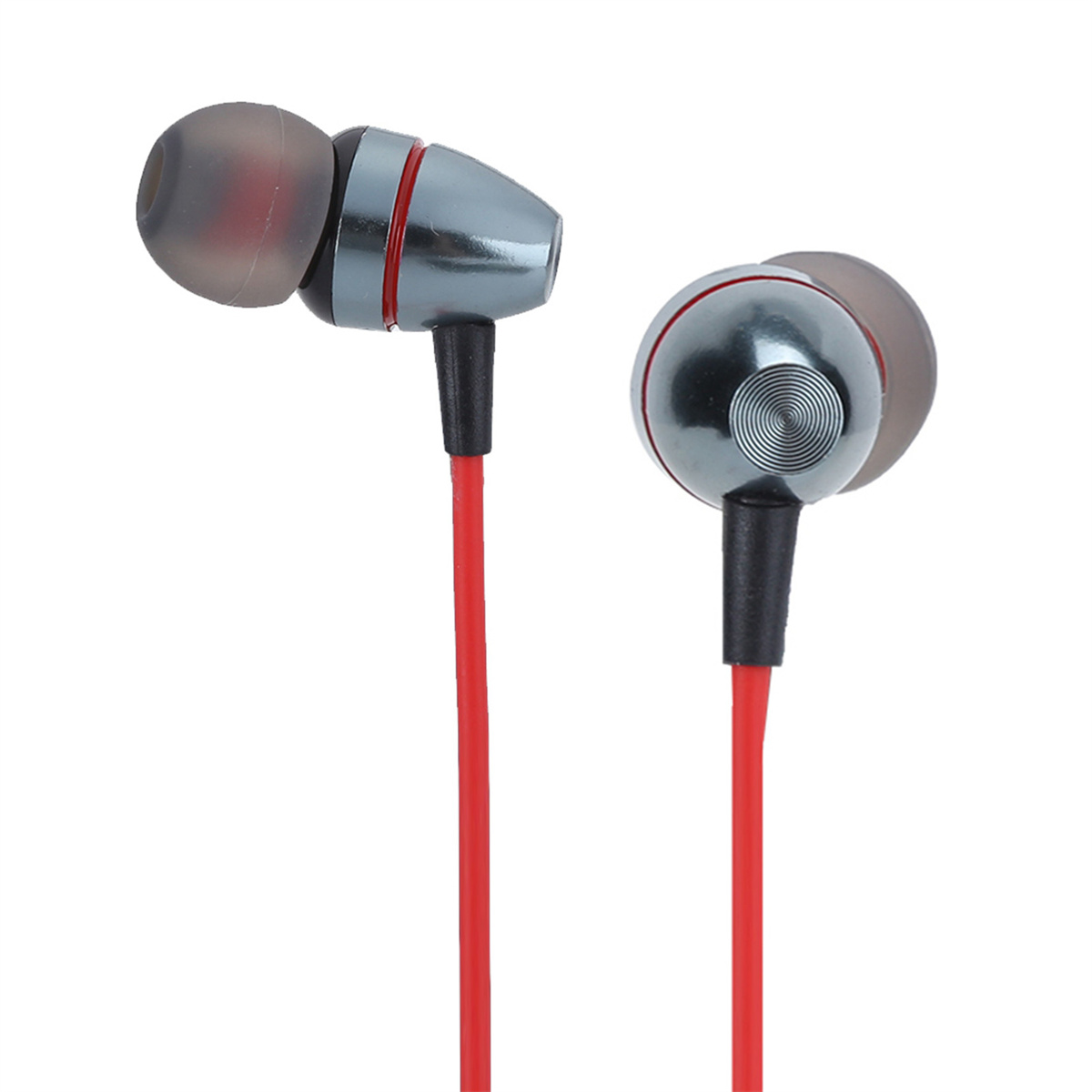 Rote und silberne In-Ear-Kopfhörer mit roten Kabeln.