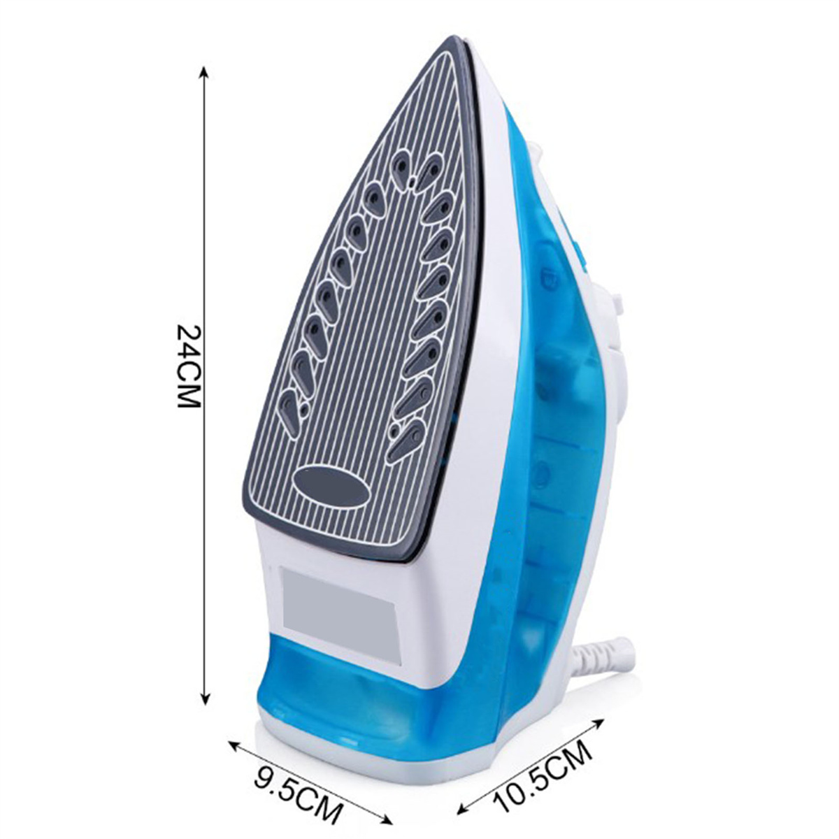 Ein blaues und weißes Bügeleisen mit Maßen. Das Bügeleisen steht auf weißem Hintergrund und misst 24 cm in der Höhe.