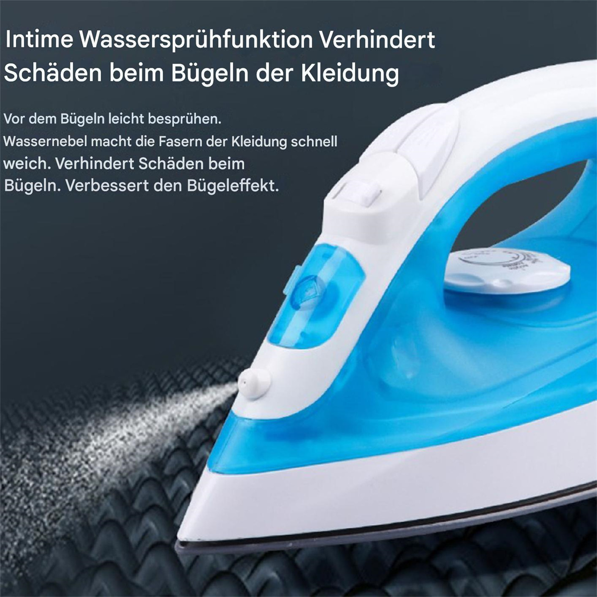 Blaues und weißes Bügeleisen mit Sprühfunktion. Text auf Chinesisch.