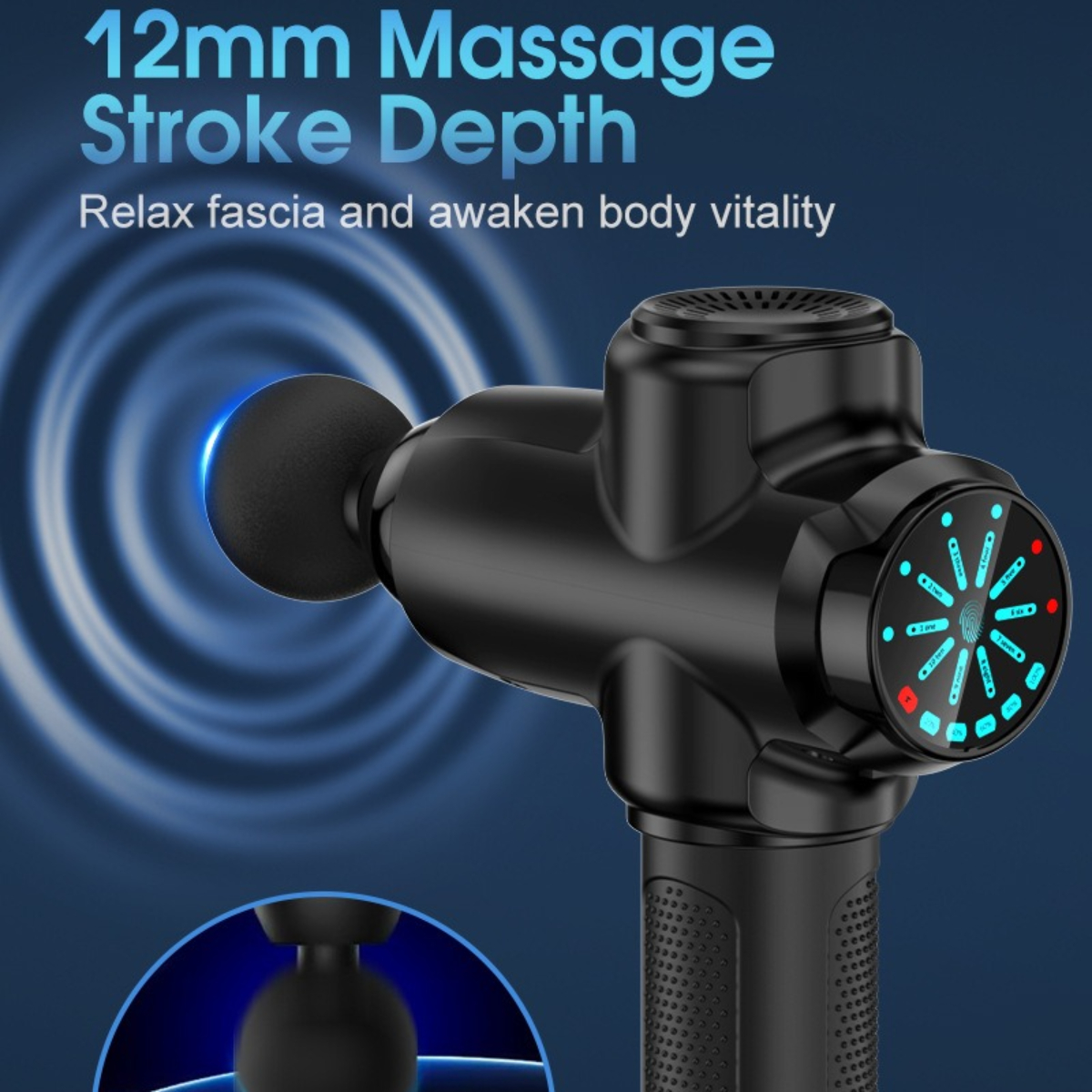 Eine schwarze Massagepistole mit einem Bildschirm zeigt Einstellungen, mit einem blauen wellenförmigen Hintergrund.
