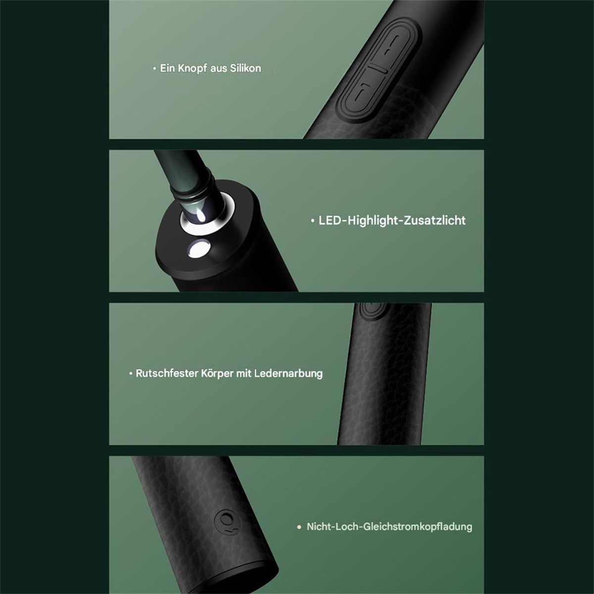 Vier Nahaufnahmen. Sie zeigen einen Silikonknopf, LED-Licht, strukturierten Griff und einen Ladeanschluss an einem schwarzen Gerät.