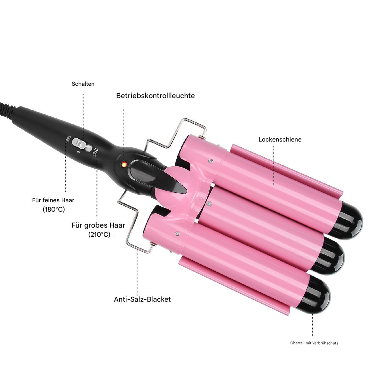 Ein pinkfarbener Haar-Waver mit drei Zylindern. Er hat eine Temperaturregelung und ist beschriftet.