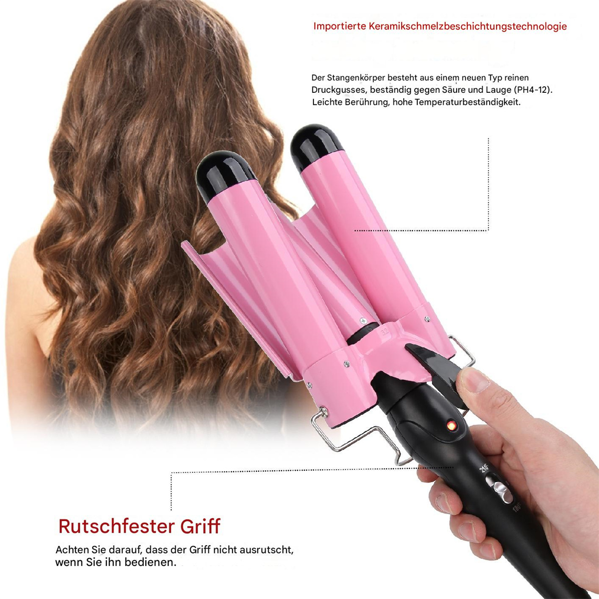 Eine pinke Haarkrause wird von einer Hand gehalten; im Hintergrund das Haar einer Frau.