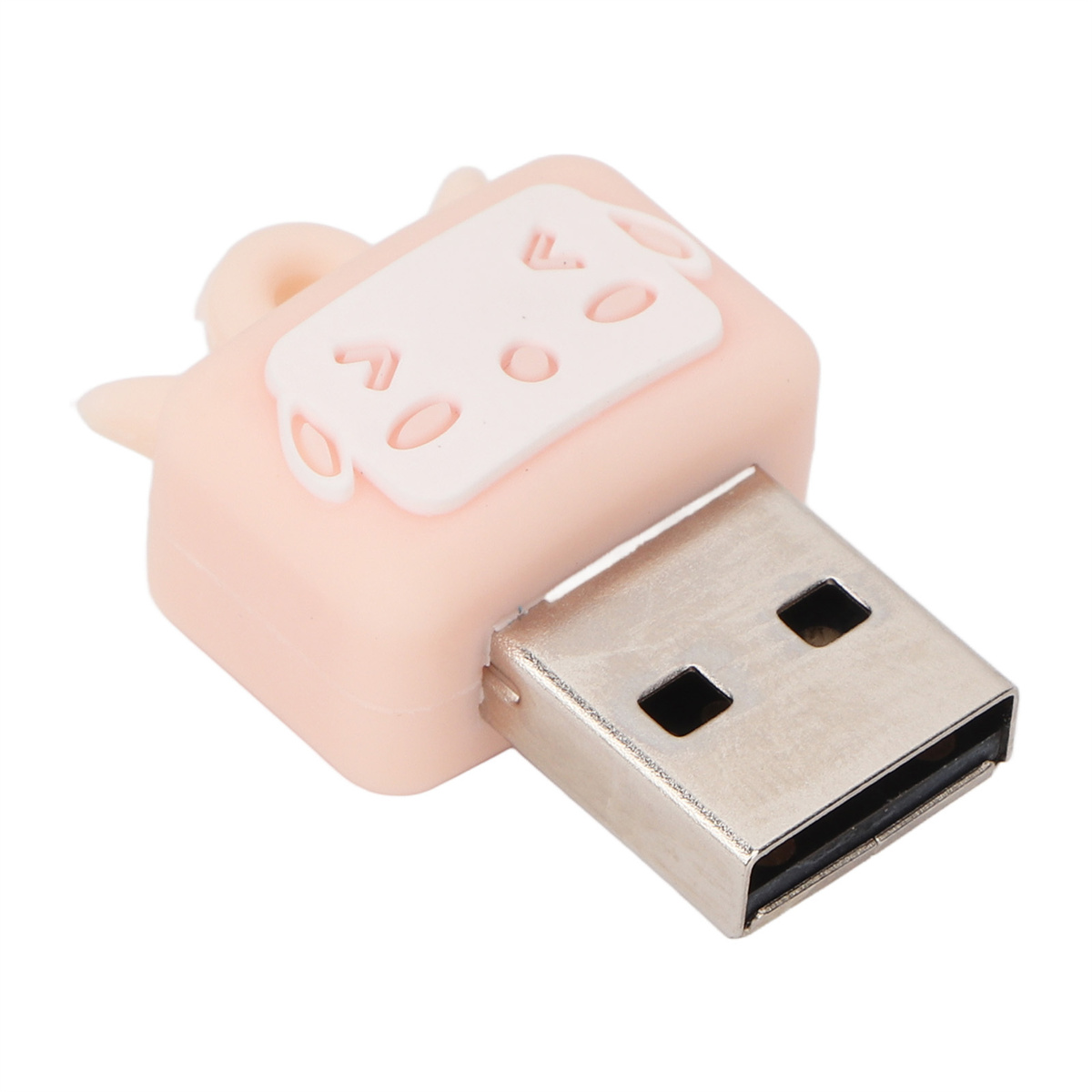 Rosa USB-Stick in Kuhform. Er befindet sich auf einer weißen Oberfläche.