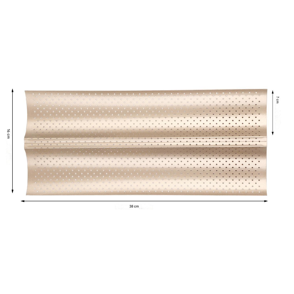 Beige perforiertes Backblech mit Maßen. 38 cm lang, 16 cm breit und 7 cm hoch.