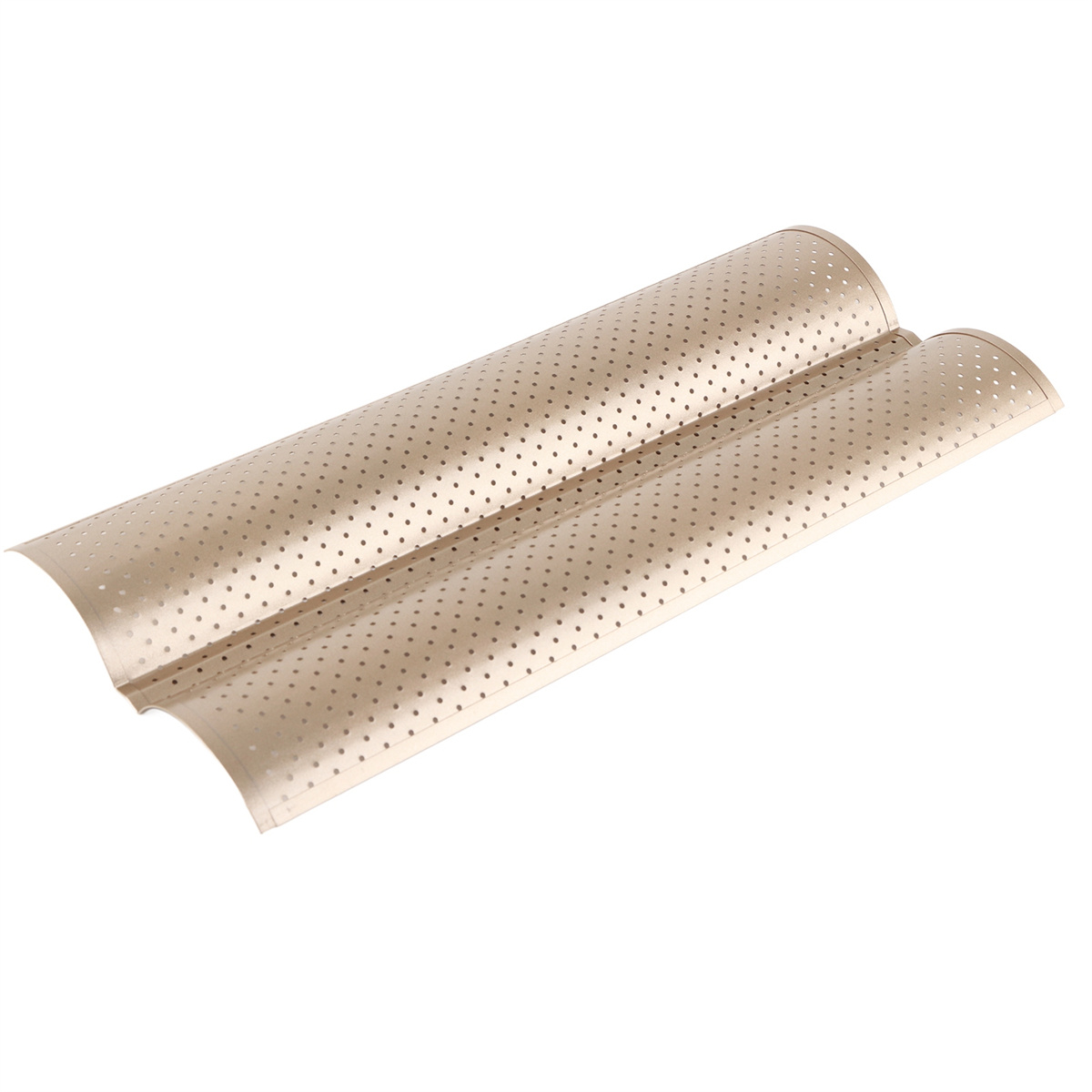 Goldfarbene perforierte Baguette-Form isoliert auf weißem Hintergrund.
