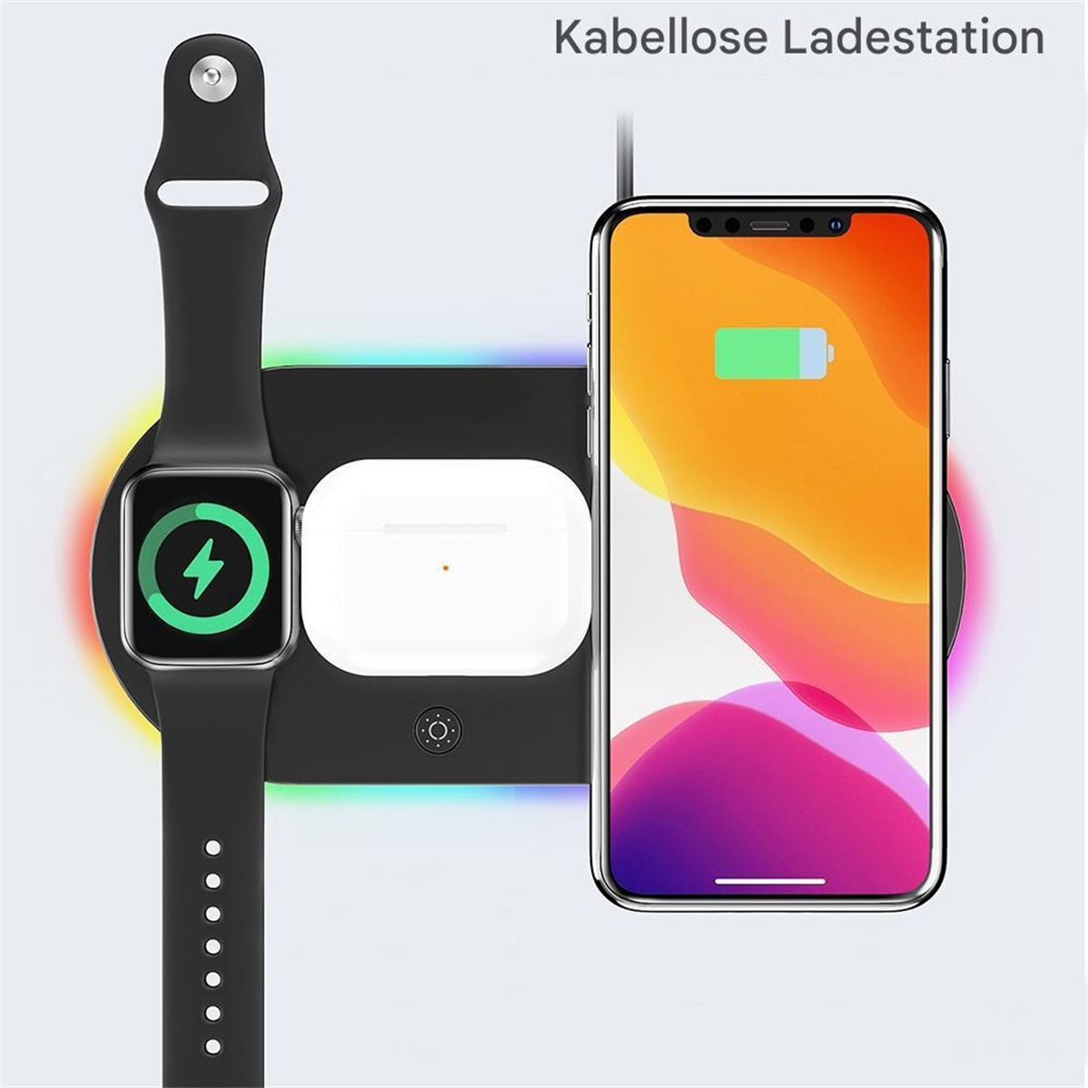 Eine kabellose Ladestation mit Uhr, Ohrhörern und einem ladenden Telefon.