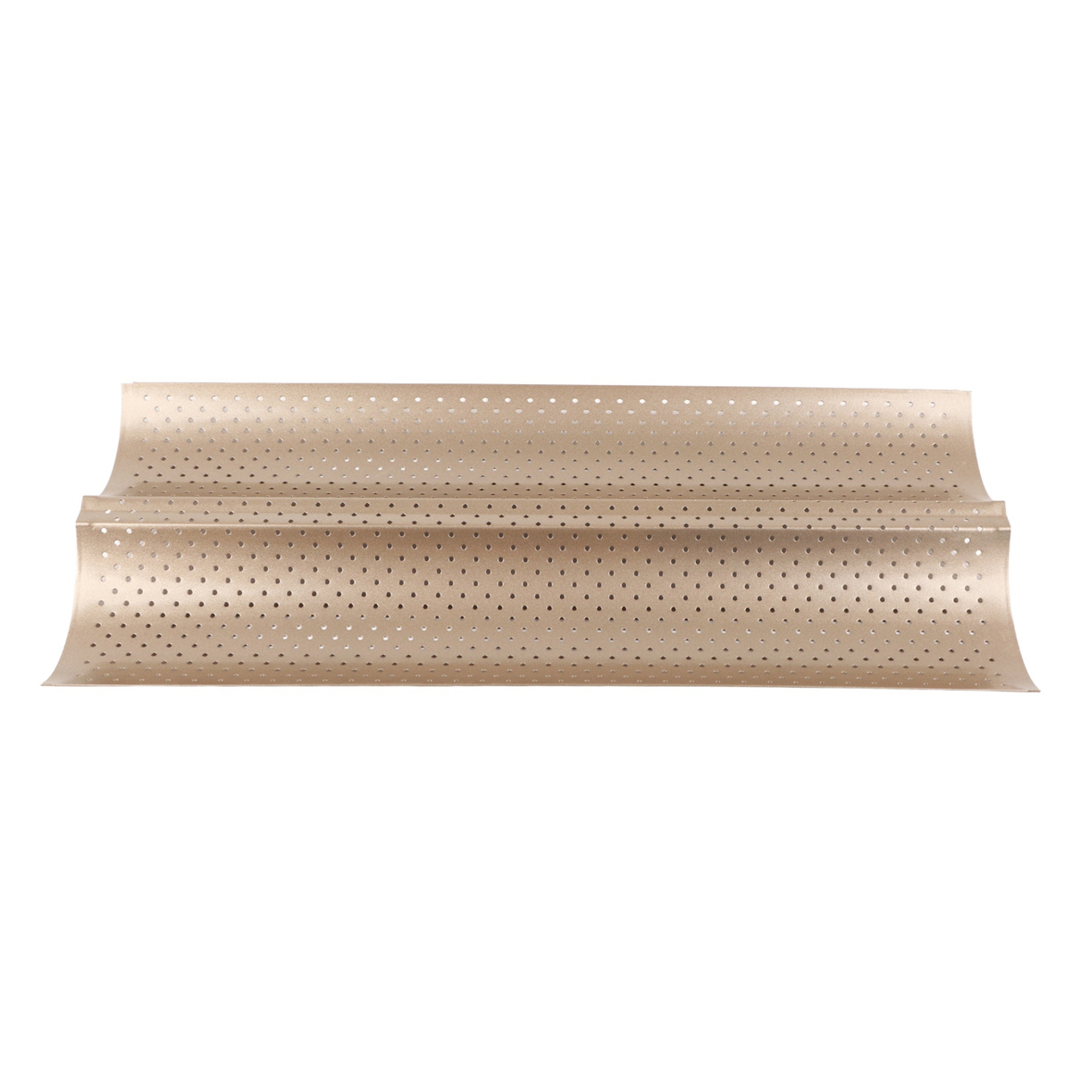 Eine goldene Baguette-Pfanne mit Perforationen. Sie hat eine gebogene Form zum Backen von Baguettes.